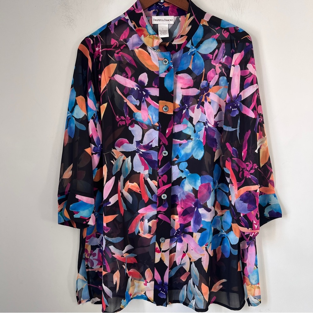 Dealers & James Floral Sheer Blouse with Mandarin Collar
